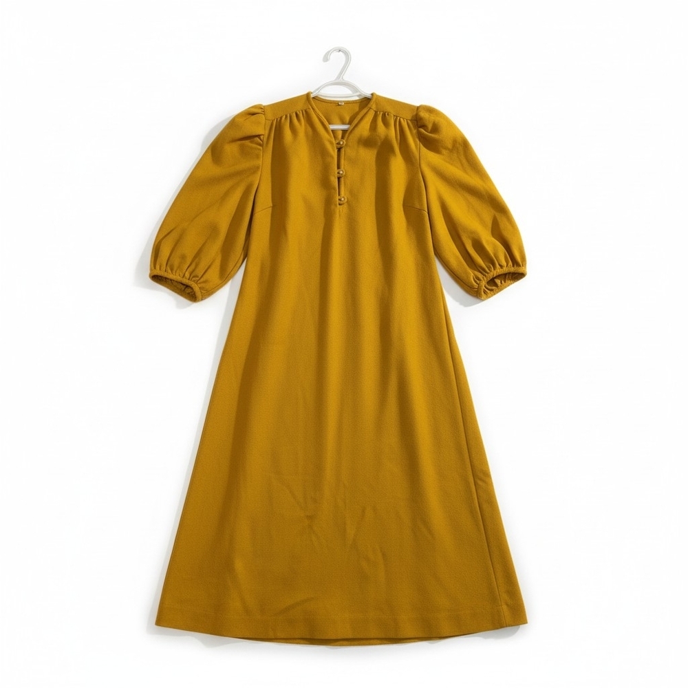 Vintage Mustard Yellow Dress – 1970s Style – Puff Sleeve Day Dress – Union Made